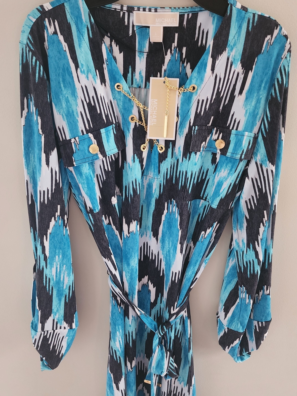 Michael Kors Turquoise Black White Ikat Tie-Waist Dress